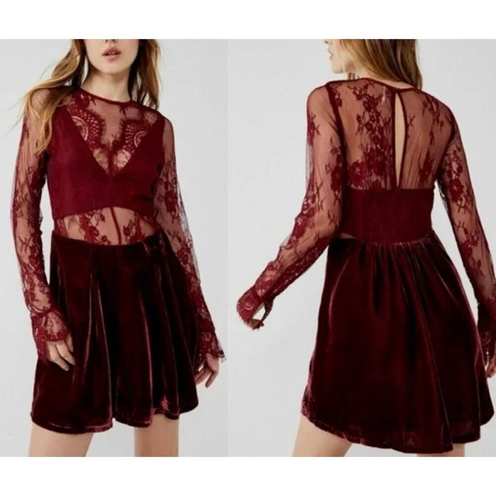 NWT Free People Marlie Garnet Lace Detailing Mini Burgundy Dress Women's XS